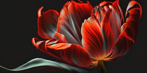 Fototapete - Flamboyant tulip blossom with scarlet petals Generative AI