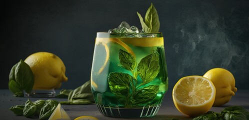 Wall Mural - Invigorating lemonade with lemon, lime, and spinach, seen from the front. Generative AI
