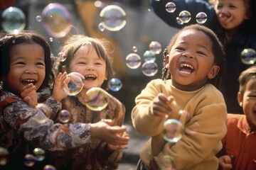 Wall Mural - Children playing with bubbles. Generative AI