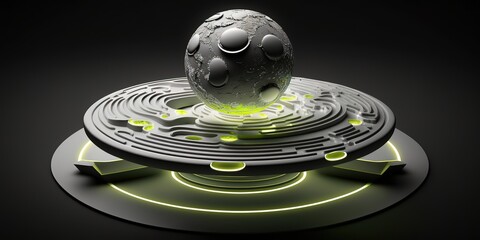 Wall Mural - Three-dimensional model of a tennis ball made of glowing silver that spins on a planet-shaped pedestal. Generative AI