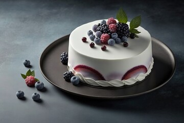 Wall Mural - Half-height shot of berry cake on white oval dish on a grey background with copy space Generative AI