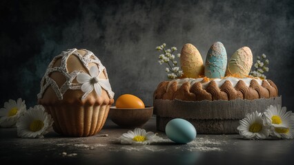 Wall Mural - Images of Easter treats and eggs on a gray slab. Generative AI