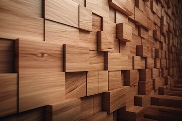 3D wall made from natural tiles and featuring a soft sheen square background made of wood. Rendered digitally. Generative AI