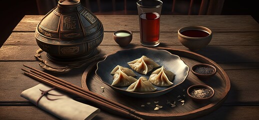 Wall Mural - Chopsticks, a teapot, and a plate of fried dumplings (or gyoza) in a Chinese restaurant. Generative AI