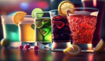 Wall Mural - Shot of several mixed drinks, about to be served Generative AI