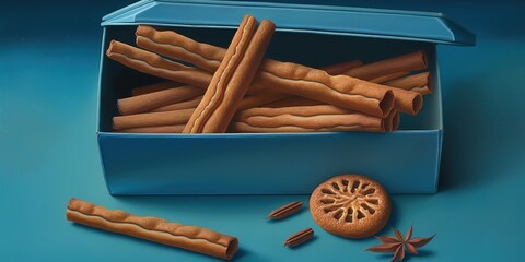 Wall Mural - A package of cookies and cinnamon sticks sit on a blue tablecloth. Generative AI