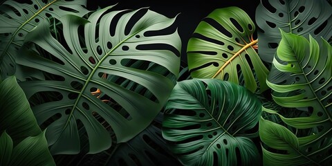 Fototapete - Nature scene with green monstera leaves Generative AI