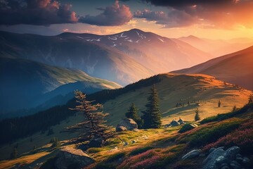 Wall Mural - Region of the Carpathians Sunset in the Ukrainian Mountains, a Stunning Summer Scenery Generative AI