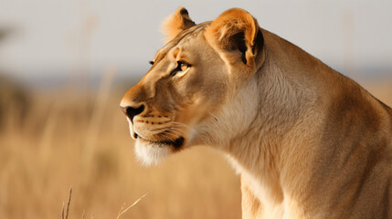 Wall Mural - a close up of a lioness in a field generative ai