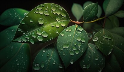 Wall Mural - a few raindrops resting on some green foliage. generative ai