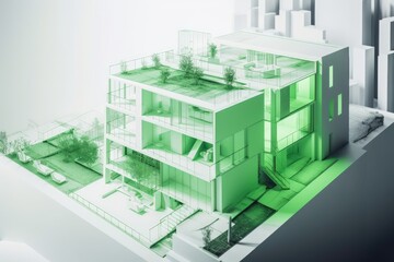 On top of the architect's designs, an apartment is highlighted in green on a white building mockup. Generative AI