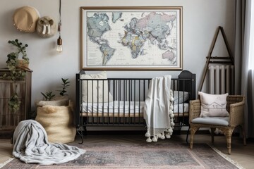 Over a grey cot with white bedding and colorful pillows and a map in a black frame, a true photograph of a child's room in a vintage setting. Generative AI