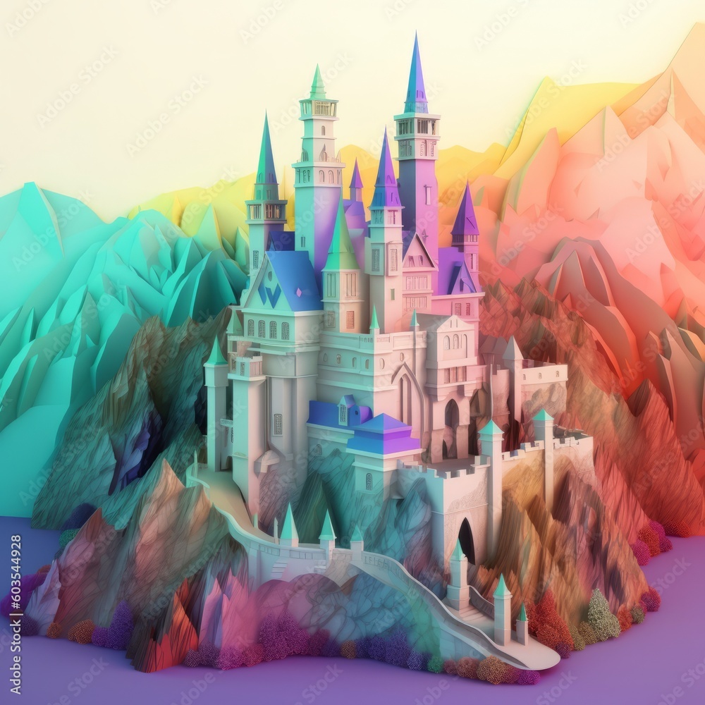 Digital illustration of a vibrant colorful fantasy castle, medieval ...