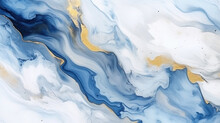 Abstract White And Ocean Dark Blue Watercolor Fluid Background. Watercolor Blue Sea Painting With Gold Ink Brush Texture