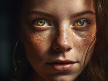 A Close Up Of A Woman With Green Eyes And Freckles On Her Face Generative Ai
