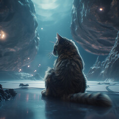 Wall Mural - a stray cat in space sitting on the ground in a cave generative ai