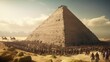 Ancient Egypt building the Pyramids, Egyptian workers drag blocks to their placement on the pyramid, the Great Pyramid at Giza was built by Snefru's son, Khufu. Generative AI