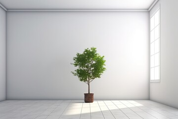 Canvas Print - leafy potted tree standing in a modern white room Generative AI