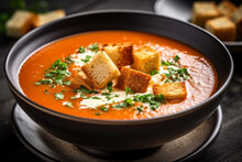 Delicious hearty tomato soup with feta and croutons