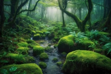 Poster - crystal clear stream flowing through a dense and vibrant green forest Generative AI