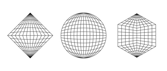 Poster - Wireframe shapes. Sphere, prism, octahedron net. Geometric grid frame elements set. Outline graphic design collection. Vector