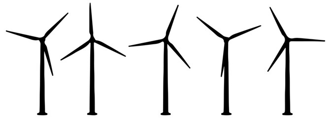 Set Of Silhouettes Of Wind Turbines