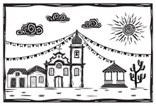 Festa Junina In Northeastern Brazil. Village Of Houses, Church And Bandstand Under The Starry Sky. Woodcut Vector, Cordel Style