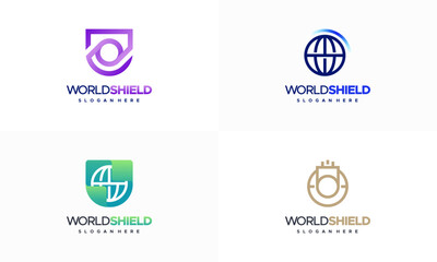 Wall Mural - Set of World Shield Protect Logo designs template concept, World Tech logo symbol