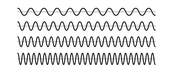 Poster - Sinusoid signals set. Black curve sound waves collection. Voice or music audio concept. Pulsating signal lines pack. Electronic radio graphics with different frequency and amplitude. Vector bundle 
