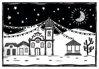 Festa Junina in northeastern Brazil. Village of houses, church and bandstand under the starry sky. Woodcut vector, cordel style