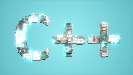 Poster - modern lighting cybernetical text C++ on blue backdrop - abstract 3D illustration