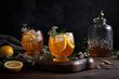 Refreshing earl gray tea with fruits and ice in glasses, still life drink. Generative AI
