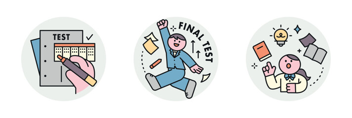 Poster - education. students studying hard and taking exams. omr card marking, excited students, knowledgeabl