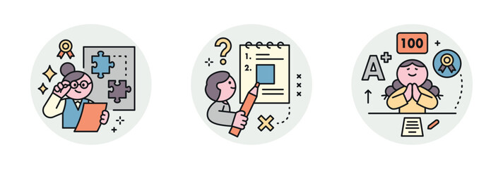 Poster - education. students studying hard and taking exams. a smart student who solves puzzles, checks wrong