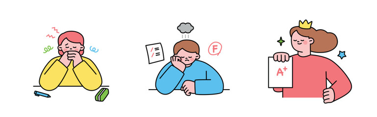 Poster - education. students studying hard and taking exams. students praying. students with grades of f and 