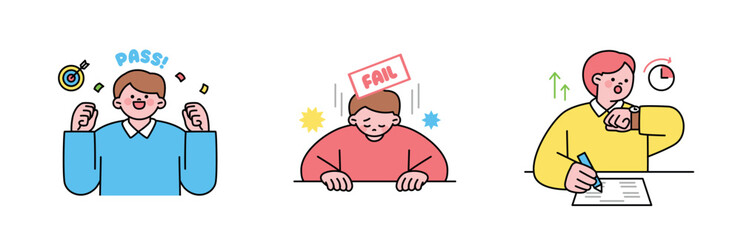 Poster - education. students studying hard and taking exams. students who succeeded and students who failed t