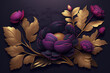 © Svetlana Moskaleva - Floral botanical 3d design in plum, violet, magenta, gold for greeting card, invitation, beauty products, fashion, template banner. Luxury art deco dark background. AI generated.