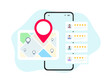 Local SEO for small businesses. Marketing based on customer ratings and reviews. Listings with maps, red pins, and star ratings for nearby places. Flat vector illustration isolated on white background