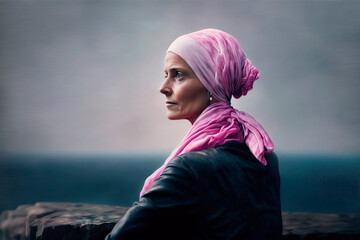 portrait of a woman, portrait of a woman with a pink scarf on her head as a symbol of the fight against cancer, image created with ai

