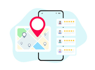 Poster - Local SEO for small businesses. Marketing based on customer ratings and reviews. Listings with maps, red pins, and star ratings for nearby places. Flat vector illustration isolated on white background
