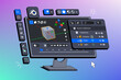 Program for creating 3d Graphics. Toolbar Panels. Creating a 3D cube model in the editor is displayed on a computer monitor. Fake 3d vector illustration 