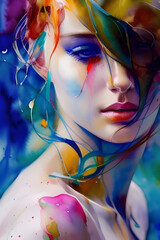 colorful aquarell artistic young modern woman beauty head and shoulder portrait, blue, green, orange, pink, fashion painted, sexy girl, speed watercolor illustration, by Generative AI