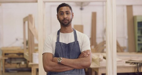 Canvas Print - Portrait, carpenter and a man in a workshop for manufacturing process. Male worker with arms crossed for creative furniture project, wood design and production at carpentry factory or small business