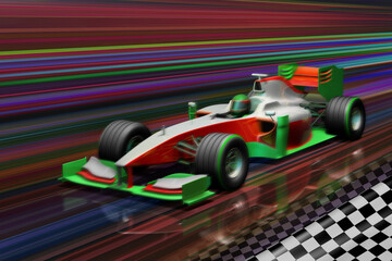 Wall Mural - 3D illustration of a generic sport racing car. The background is a blur of color and motion as the car race past in a flash of speed and power