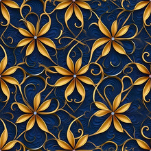 Tile Pattern Of Mexican Joyeria De Filigrana Golden Flowers Over Blue