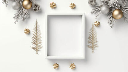 Christmas blank frame with fir branches, Christmas baubles on white background. Flat lay, top view festive holiday mockup. Generative AI