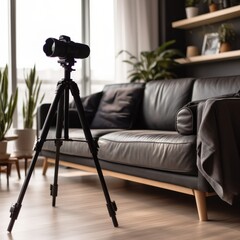 Professional photographer taking indoor pictures of renovated office. Camera on tripod details