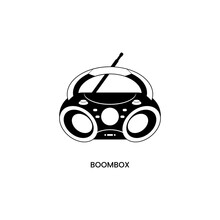 Black White Icon CD Boombox Portable, With Bluetooth, USB, MP3 Player, AM FM Radio, AUX, Headset Jack, And LED Backlit Features. Black And White Fill Flat Icon In Trendy Style Vector Illustration.