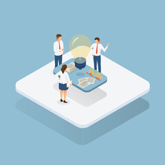 Poster - People work in a team. Development of business project from idea to goal. Startup concept. Isometric vector.