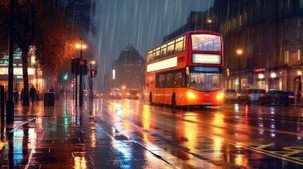 Wall Mural - London streetscape at night. City lights reflected in the wet streets. Blurred double decker bus driving on the road. Generative AI